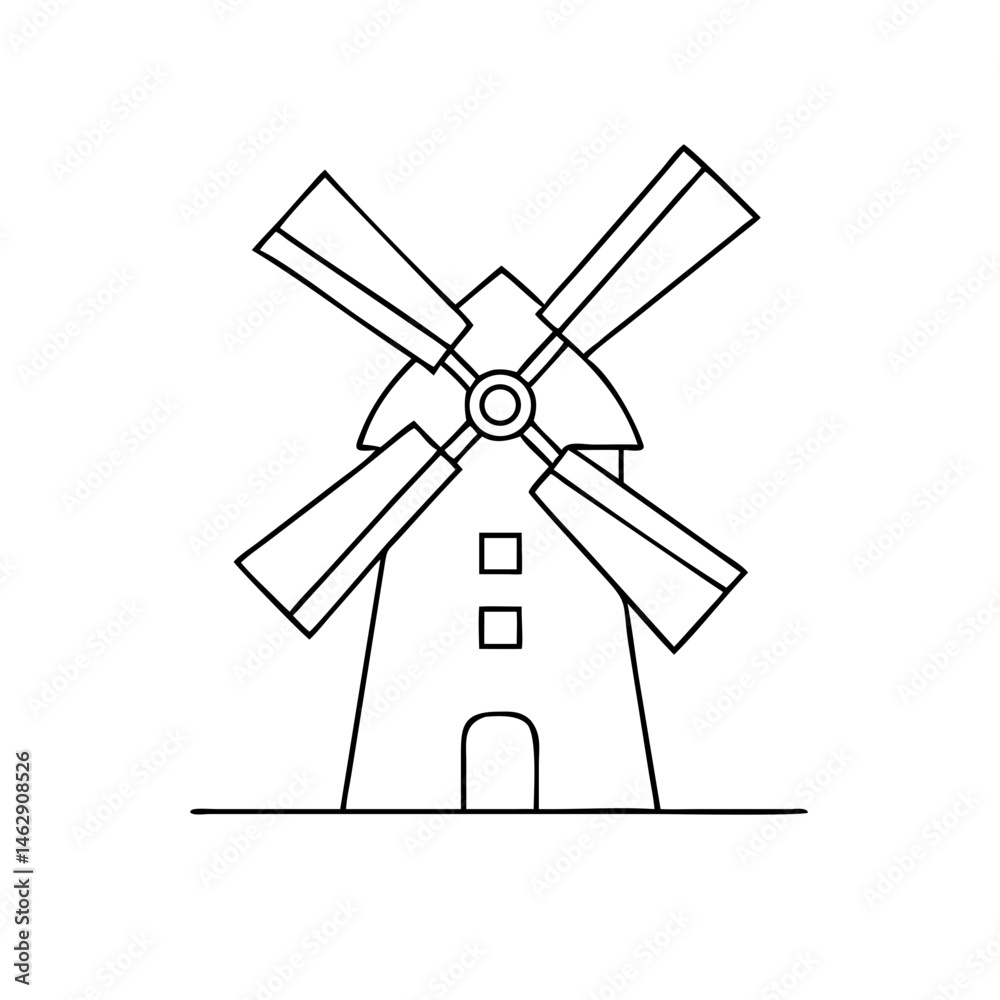 Outline of a windmill in a countryside setting Outline of a windmill in a countryside setting