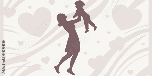 Silhouette of mother joyfully holding child against heart background  