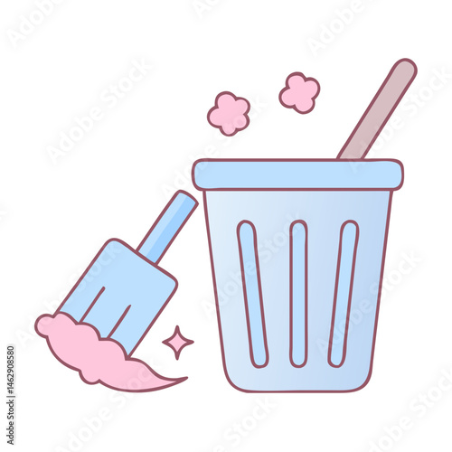 Cleaning tools with a blue trash can and a scoop of debris  