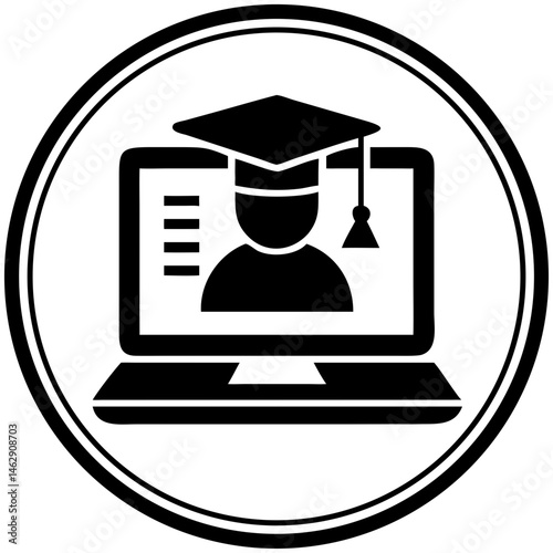  Black circular icon of student on laptop with graduation cap for online degree platforms, remote education branding, and digital credentials