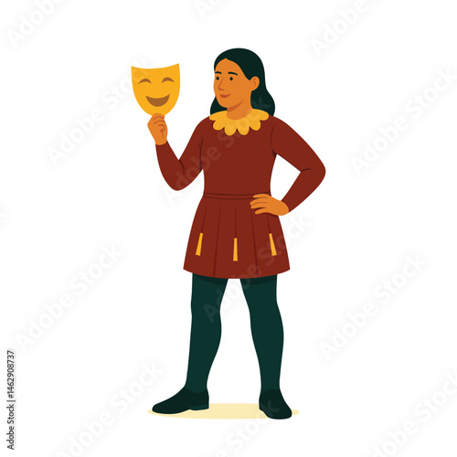 Flat style female theater actor holding comedy mask – vector illustration for performing arts, drama, and stage performance
