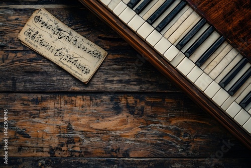 Piano is placed on a wooden table with a sheet of music titled 