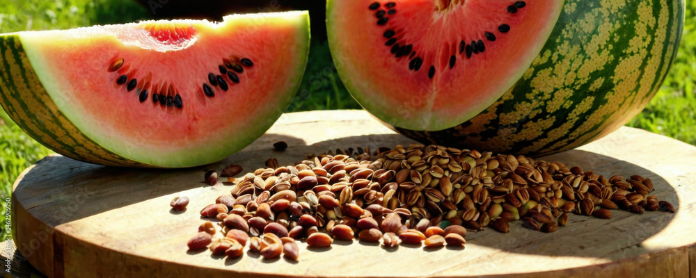 Fresh watermelon slices with seeds on a cutting board, perfect for snacking or cooking