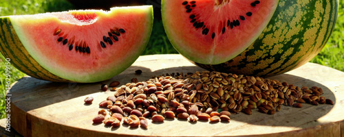 Obraz na płótnie Fresh watermelon slices with seeds on a cutting board, perfect for snacking or cooking w salonie