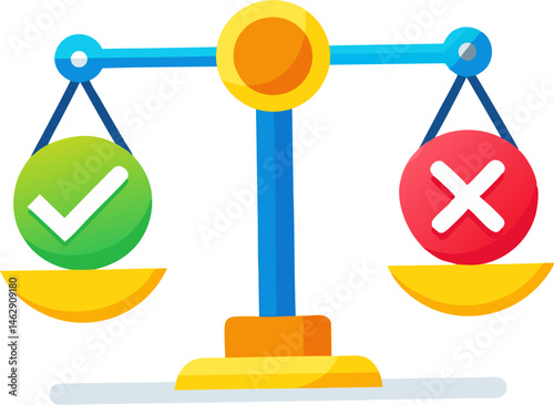 The image is a colorful illustration of a balance scale with a green checkmark on one side and a red X mark on the other, suggesting a comparison of right and wrong or pros and cons.