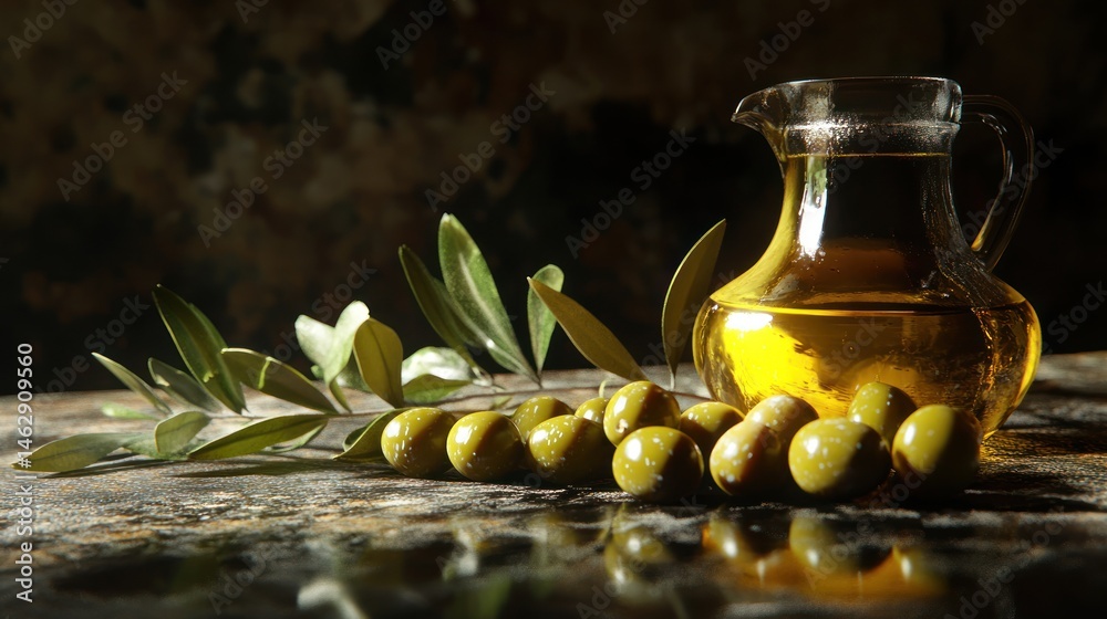 Still life composition of olive oil in a glass pitcher with olives and leaves Still life composition of olive oil in a glass pitcher with olives and leaves