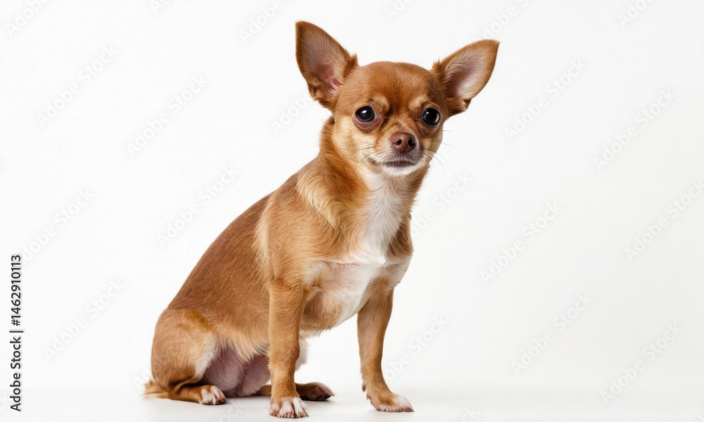 A small brown dog sitting on top of a white floor