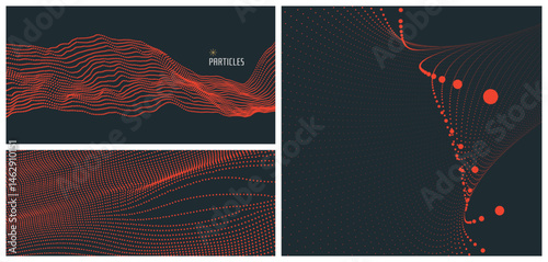 Wave with connected dots. Abstract digital background with particles. 3D grid surface in technology style. Cover design template. Big data. Vector for brochure, poster, presentation, flyer or banner.