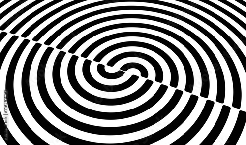 Circular black and white pattern cut in half and offset. Abstract striped background. Cover design template. Vector illustration for brochure, poster, presentation, flyer or banner.