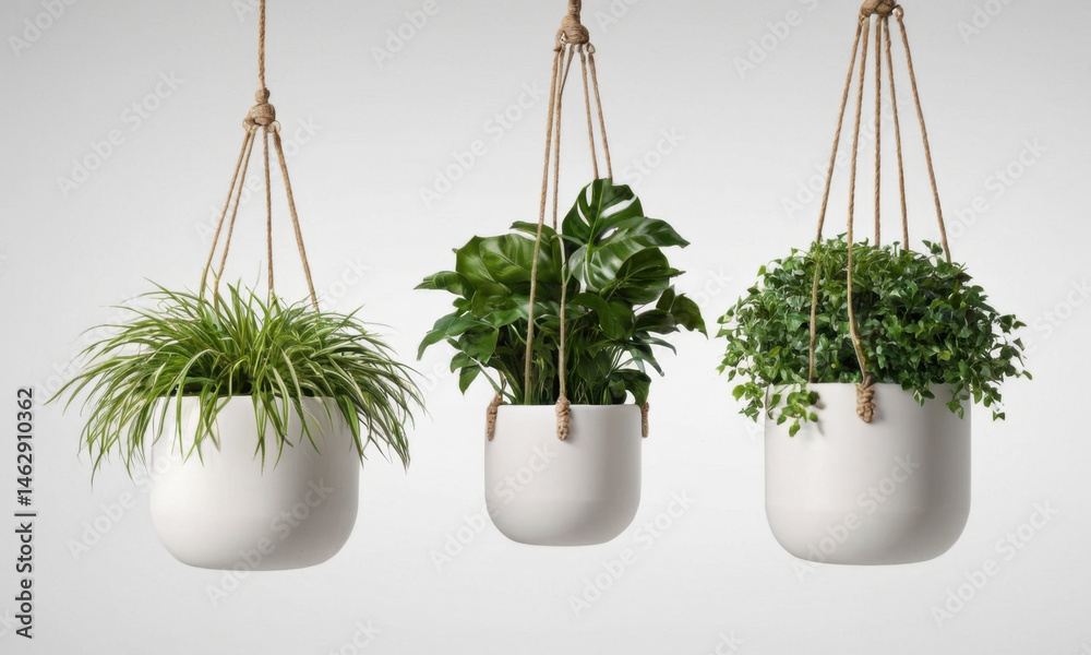Three hanging planters filled with greenery and flowers