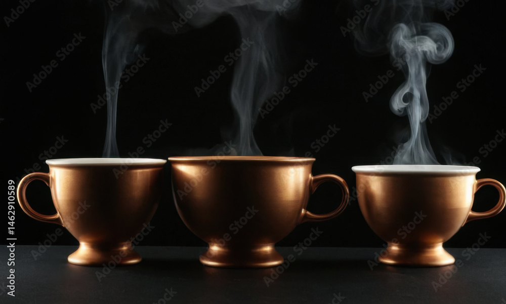 Three steaming hot coffee cups, ideal for a cozy morning or office setting