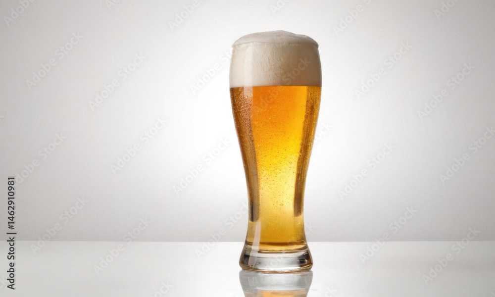 A single glass of beer sits on a table, ready to be enjoyed