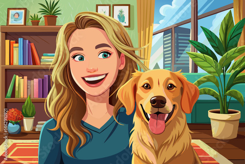 vector of Portrait of young woman in living room with golden retriever dog laughing indoors.