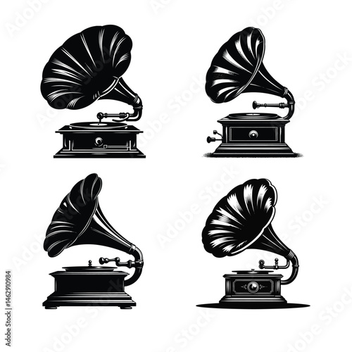 Classic Gramophone Silhouette Icon Set – Retro Music Player Vector Illustration