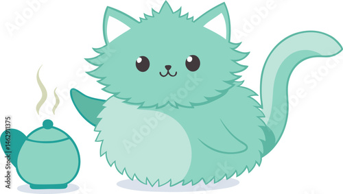 A fluffy, teal-colored cartoon cat with big, dark eyes sits next to a small, steaming teal teapot.