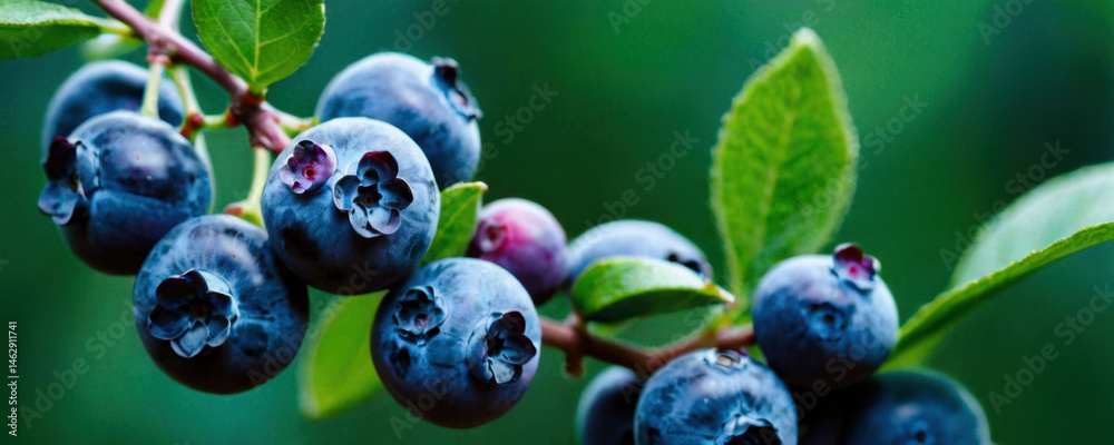 Fresh blueberries hang from a branch, ideal for food and beverage photography or as a decorative element