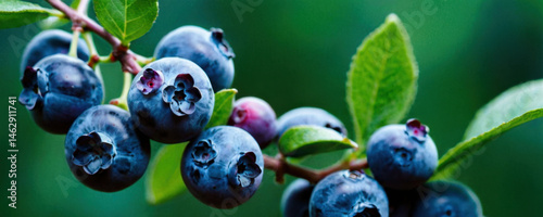 Obraz na płótnie Fresh blueberries hang from a branch, ideal for food and beverage photography or as a decorative element w salonie