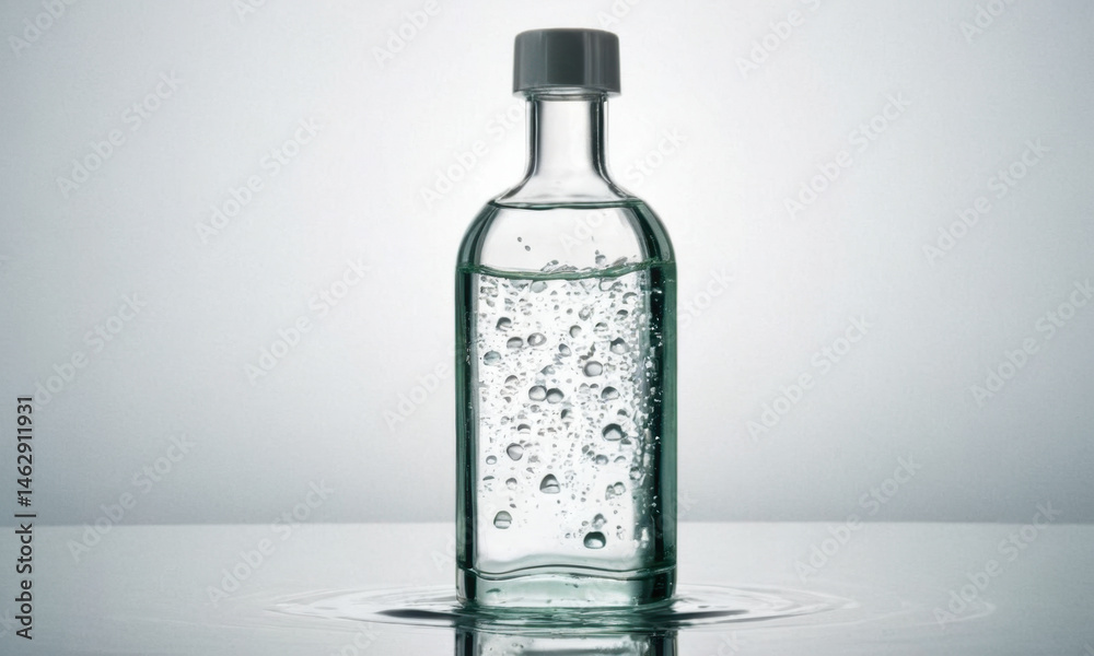 A plastic water bottle sits on a table