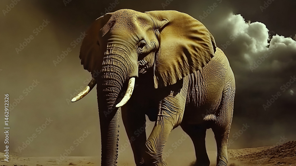 Fototapeta premium African Elephant in a Dusty Stormy Savanna