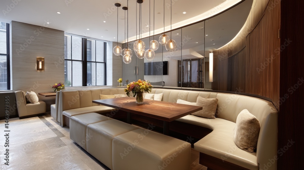 Fototapeta premium Luxury dining space with leather banquettes and recessed table 