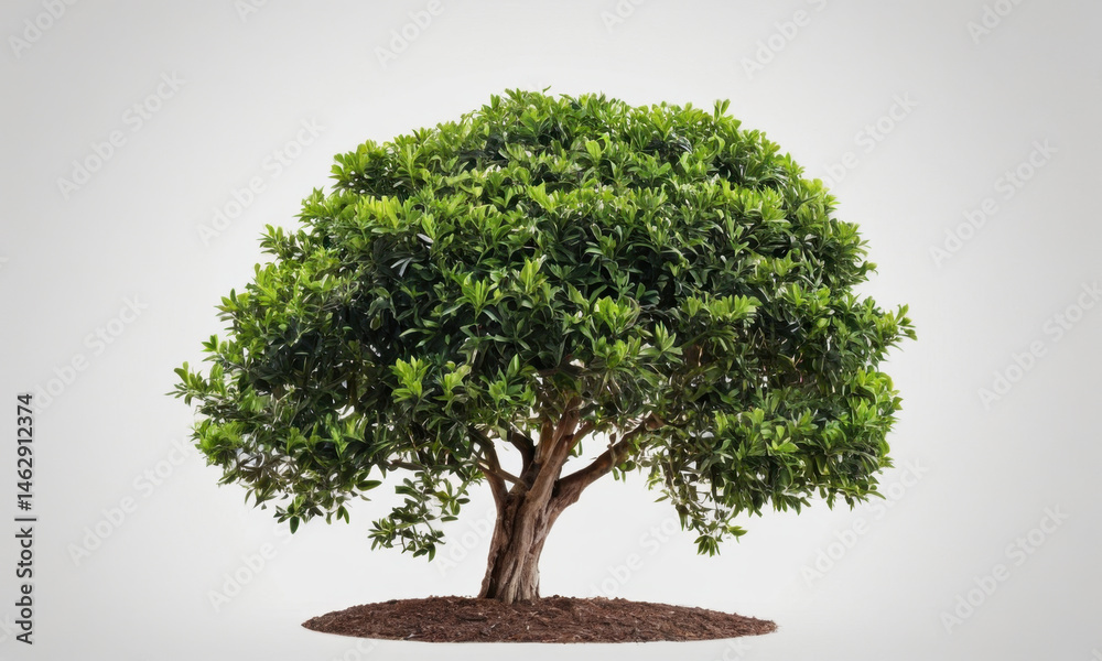 A single tree with lush green leaves on a bright white background