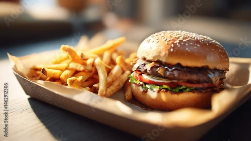 Juicy cheeseburger with fresh lettuce, tomato and melted cheese served with crispy fries in a cardboard tray on wooden table with warm daylight