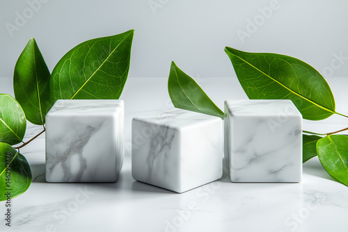 White marble cubes with green leaves in soft natural light.