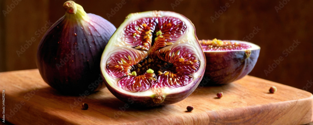 Fresh figs arranged on a wooden cutting board, perfect for baking or serving as a snack