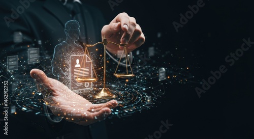 Justice technology balance scale digital identity and cybersecurity compliance in modern legal system with innovation artificial intelligence, control solution protection governance