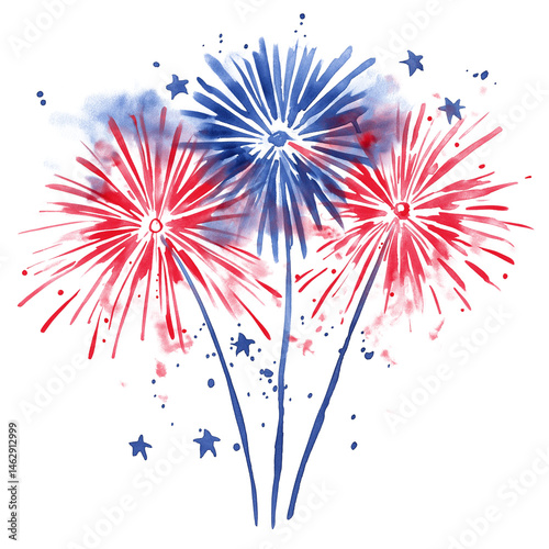 watercolor illustration, 4th of July theme sparkle or fireworks display in red blue color, isolated on white background