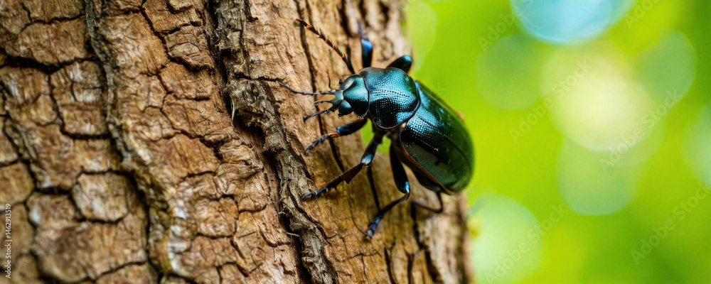 A blue beetle perched on a tree trunk, awaiting its next move