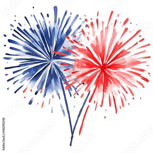 4th of July theme sparkle or fireworks display in red blue color, isolated on white background