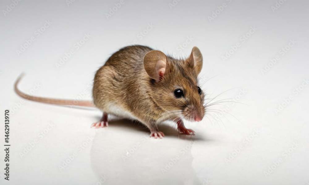 A small mouse stands on a white surface, looking up