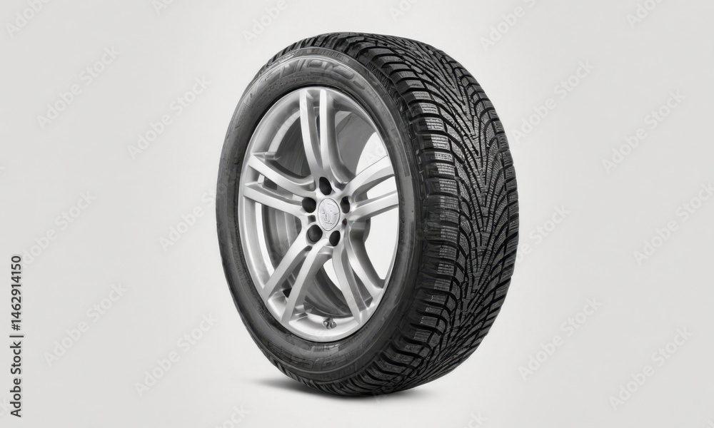 A single car tire on a white surface