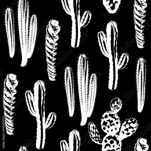 Seamless pattern. Cactus and Succulent flowers on a black background. Desert and tropical thorny houseplants. 
