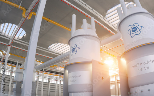 concept of a SMR small modular nuclear reactor power plant on a sunny day. SMR is a future energy concept. 3d rendering.