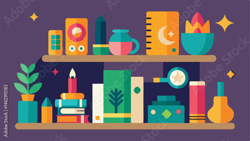 A wall shelf displaying an array of eclectic trinkets and colorful books.