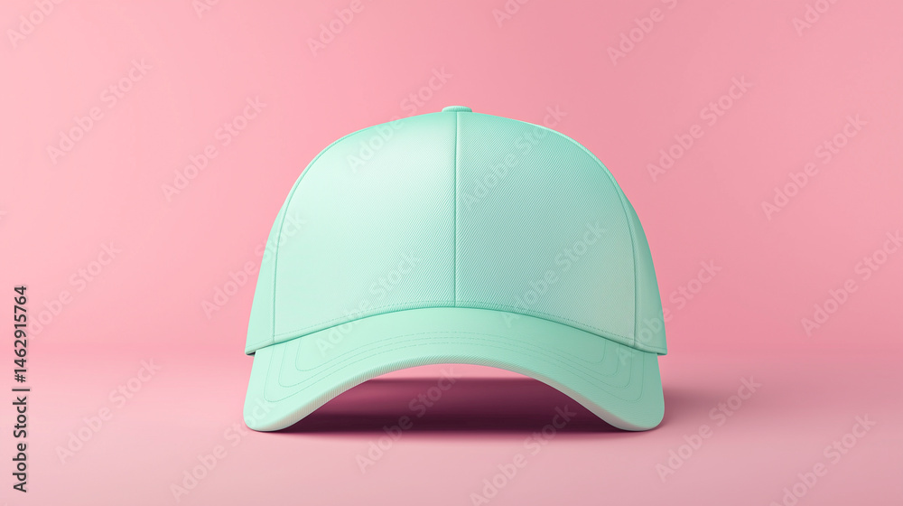 Fototapeta premium Turquoise baseball cap on a vibrant pink background.