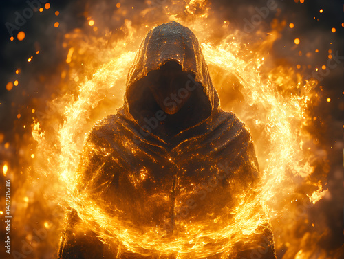 The mascot is wearing a formal decent jacket and a cloak with a hood that casts a shadow on his face. The cloak is surrounded by glowing fire, and the spells are wrapped with fiery annealed energy.