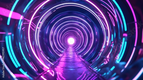 Colorful Neon Light Tunnel with Glowing Circular Rings – Sci-Fi Abstract Background
