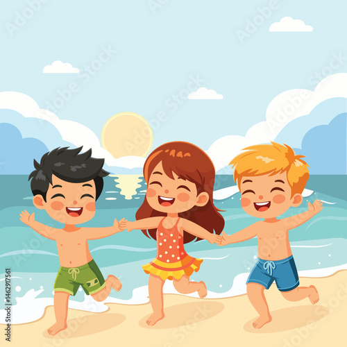 Happy children of different nationalities running holding hands on the beach in bathing suits. Poster, Banner, Flyer, Summer time. Vector illustration in flat cartoon style