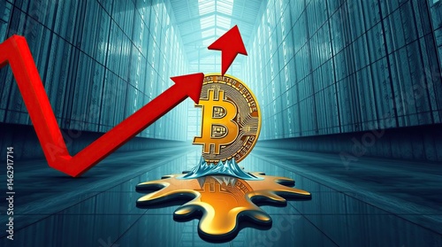 Bitcoin value decline depicted by melting coin and falling graph