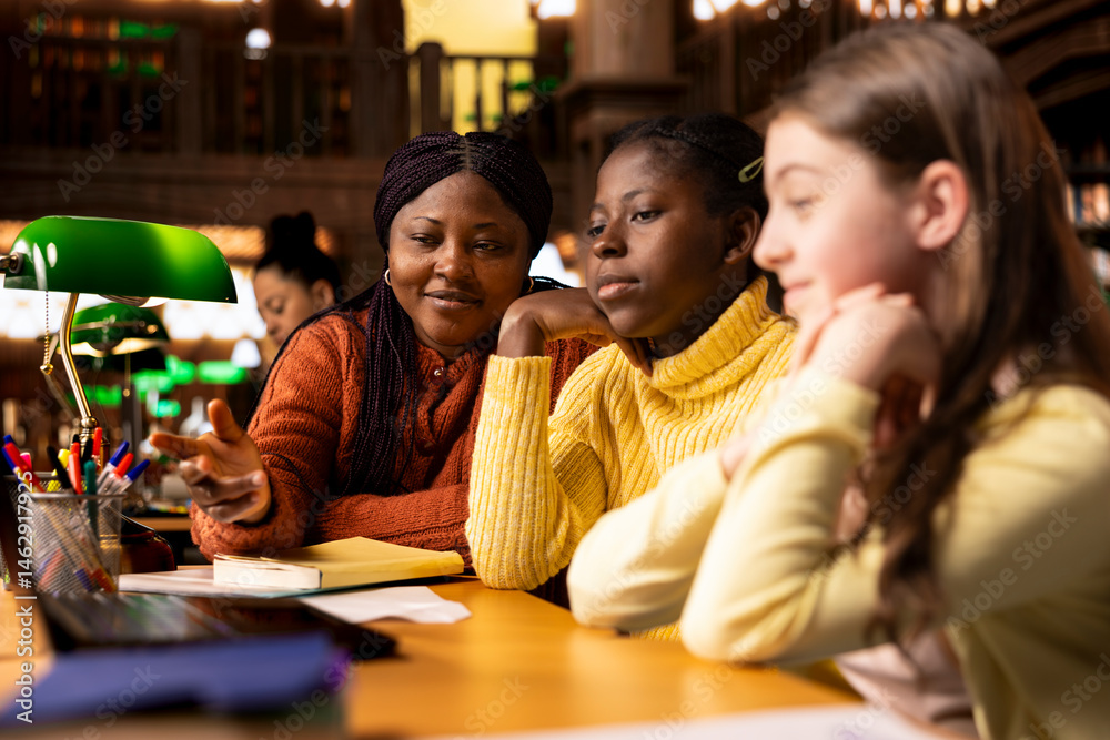 African american professor mentoring her teen girls students with an assessment, teaching academic concepts and enhancing their knowledge through practical exercises. Private lessons at the library.