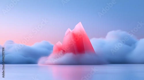 Glowing Pink Crystal Mountain in a Cloudy Sky