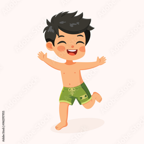 Cute and happy boy running in bathing suits on white background. Poster, Banner, Flyer, Summer time. Vector illustration in flat cartoon style