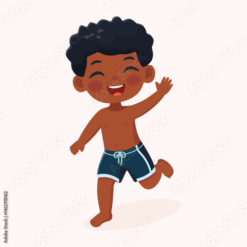 Cute and happy boy running in bathing suits on white background. Poster, Banner, Flyer, Summer time. Vector illustration in flat cartoon style