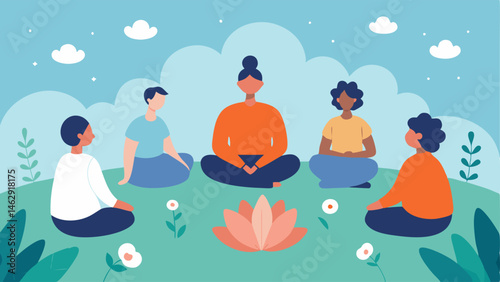 Mindful Meditation Circle A group of people sitting in a circle in a grass field participating in a guided meditation session surrounded by flowers and soft sounds of nature.