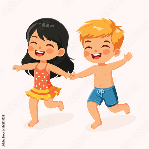 Happy children of different nationalities running holding hands in bathing suits on white background. Poster, Banner, Flyer, Summer time. Vector illustration in flat cartoon style