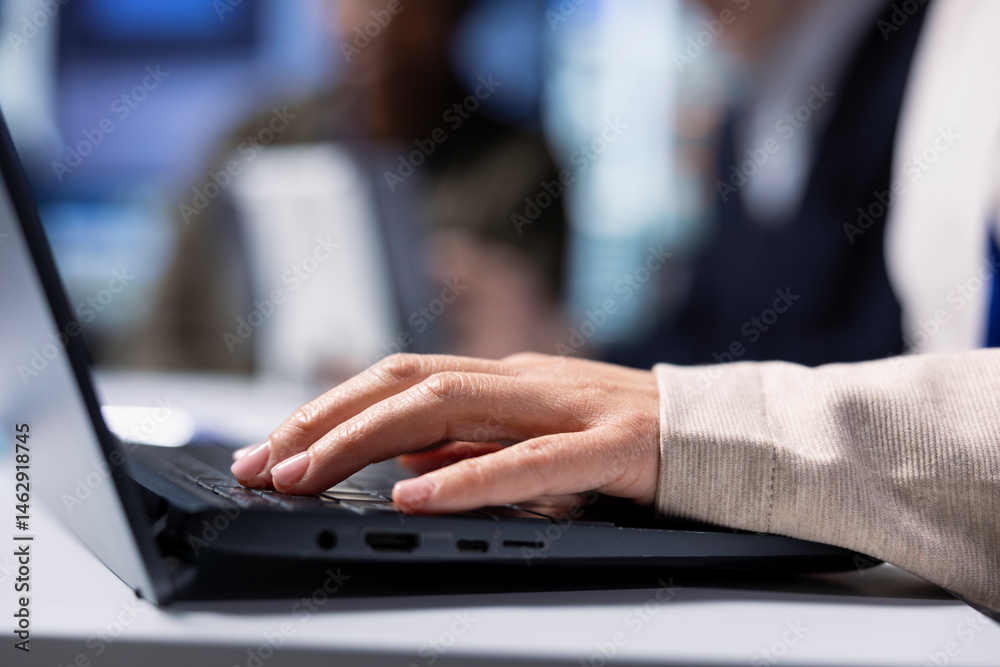 Factory shareholder typing on laptop, monitoring system performance. Industrial manufacturing plant executive using notebook to track energy production and efficiency, closeup