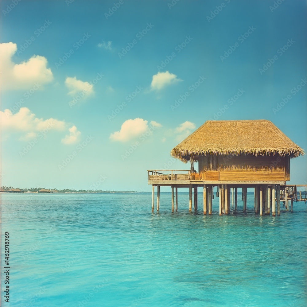 Wooden pier with thatched roof juts into the vast ocean, tranquil and inviting, under a clear blue sky. Wooden pier with thatched roof juts into the vast ocean, tranquil and inviting, under a clear blue sky.
